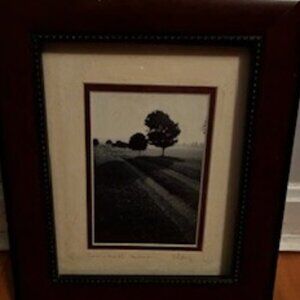 B;ack and White Photograph of Country Road in Vermont. 11 1/4" X 8 1/4" Framed